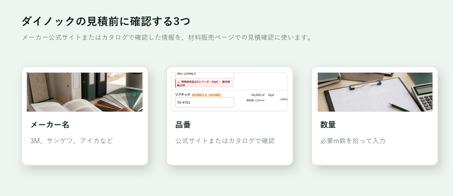 ダイノックの見積前に必要なメーカー名、品番、数量を示す図。