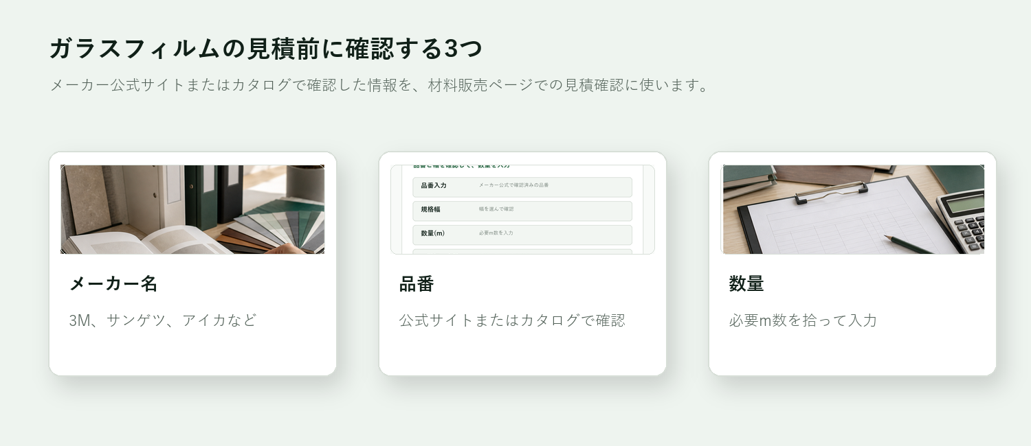 ガラスフィルムの見積前に必要なメーカー名、品番、数量を示す図。