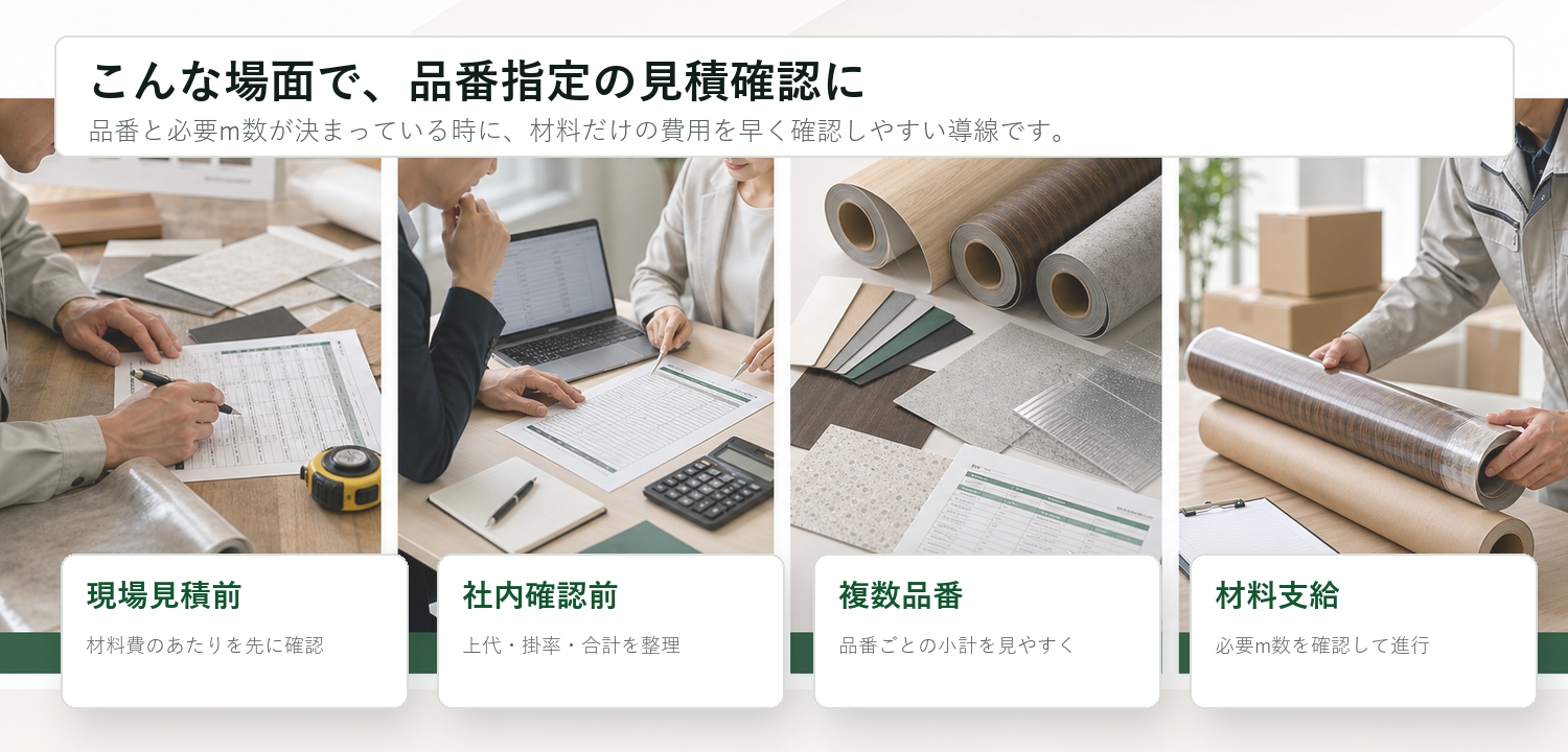 現場見積前、社内確認前、複数品番、材料支給の場面で品番指定の見積確認に使う図。