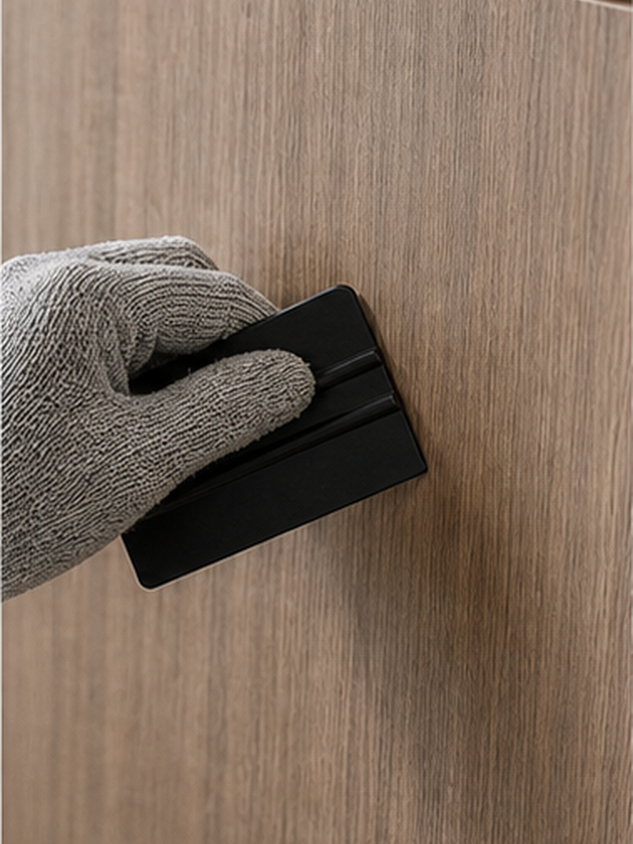 Q019 仕上がりを確認。光の当たり方、継ぎ目、端部の浮きを最後に見ます。